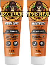 Gorilla Heavy Duty Construction Adhesive, White Glue, 7 Ounce Squeeze Tube (Pack of 2) - Gap Filling and Waterproof