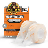 Gorilla Invisible Hold Mounting Tape, 1" x 60" (Pack of 2), Holds up to 15 lbs, Clear Double-Sided Tape for Strong, Permanent Bond, Discreet Adhesive for Classroom and Study Space Setup