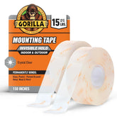 Gorilla Invisible Hold Mounting Tape, 1" x 150" (Pack of 2), Holds up to 15 lbs, Clear Double-Sided Tape for Strong, Permanent Bond, Discreet Adhesive for Classroom and Study Space Setup