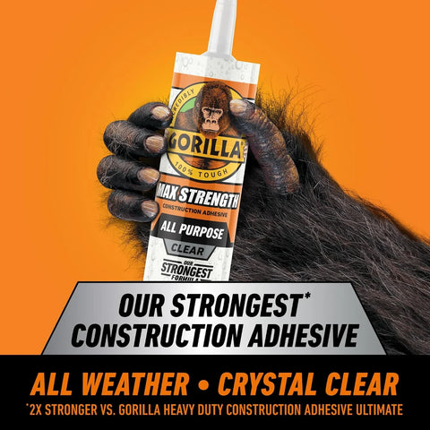 Gorilla Max Strength Construction Adhesive, Clear Glue, 9 Ounce Cartridge (Pack of 2) - Gap Filling and Waterproof