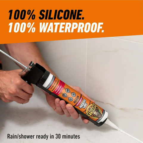 Gorilla 100% Silicone Caulk Kitchen & Bath Sealant, Mold Resistant, 10 oz. Cartridge, Clear