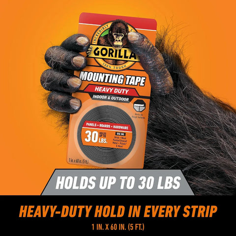 Gorilla Heavy Duty Double Sided Mounting Tape, 1" x 60" (Pack of 2) Holds up to 30lbs, Industrial Strength Adhesive for Homework Stations, Classroom Setup & Student Projects, Indoor & Outdoor