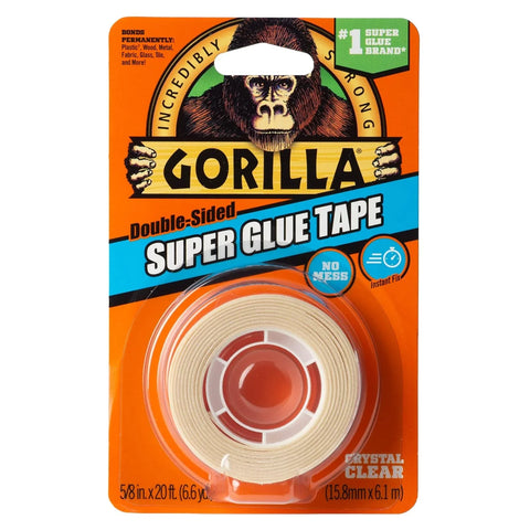 Gorilla Super Glue Tape, Multi-Purpose, Permanent, Double Sided, High Tack, 5/8in x 20ft, Clear (Pack of 6)