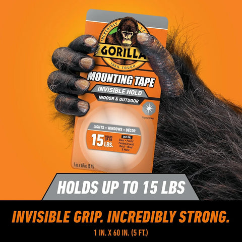 Gorilla Invisible Hold Mounting Tape, 1" x 60" (Pack of 2), Holds up to 15 lbs, Clear Double-Sided Tape for Strong, Permanent Bond, Discreet Adhesive for Classroom and Study Space Setup