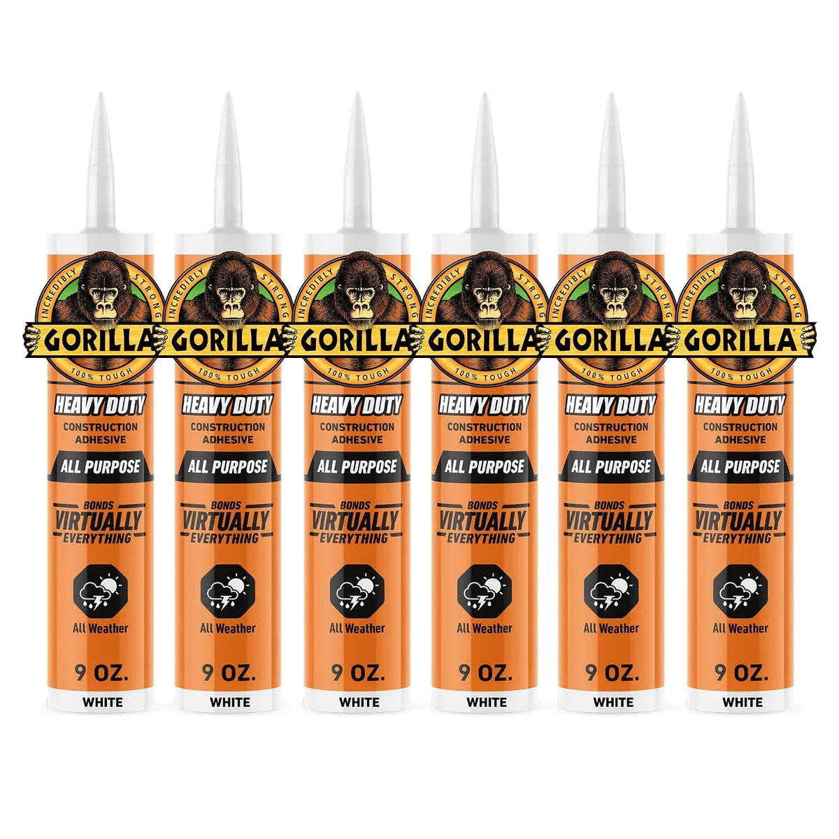 Gorilla Heavy Duty Construction Adhesive, White Glue, 9 Ounce Cartridge (Pack of 6) - Gap Filling and Waterproof