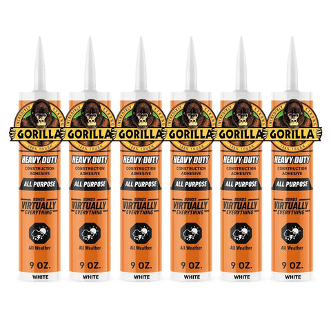 Gorilla Heavy Duty Construction Adhesive, White Glue, 9 Ounce Cartridge (Pack of 6) - Gap Filling and Waterproof