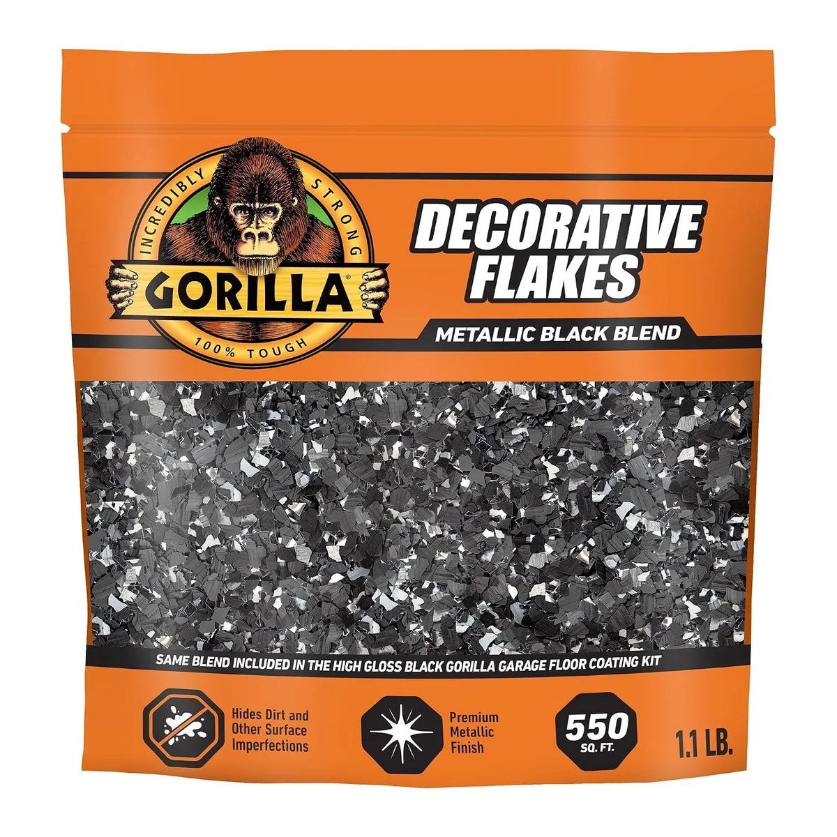 Gorilla Garage Floor Coating Decorative Flakes – Metallic Black Blend – Matches High-Gloss Black Kit – Hides Dirt & Imperfections – Use with Epoxy or Concrete Coatings – Covers up to 550 sq. ft.