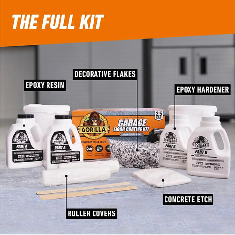 Gorilla Epoxy Garage Floor Coating (12 pc) Kit, 2.5-Car, Concrete Flooring, 100% Solids, Superior Adhesion, Incredibly Durable High Gloss Gray Finish, 550 sq. ft. Coverage