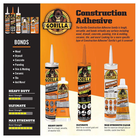 Gorilla Max Strength Construction Adhesive, Clear Glue, 2.5 Ounce Squeeze Tube (Pack of 2) - Gap Filling and Waterproof