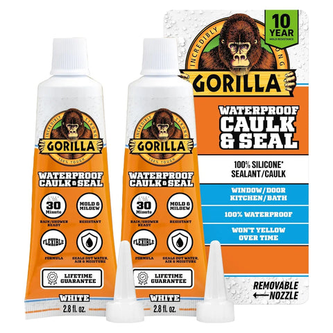 Gorilla 100% Silicone Caulk, Waterproof Sealant, 2.8oz Squeeze Tube (Pack of 2) – White -10 Year Mold Resistant Kitchen, Window, Bath, Marine, Door and More