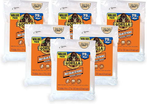 Gorilla Hot Glue Sticks, Clear Glue, Mini Size 4" Long x 0.27" Diameter, 75 Count (Pack of 6) - Safe for All Temperatures with Extended Working Time