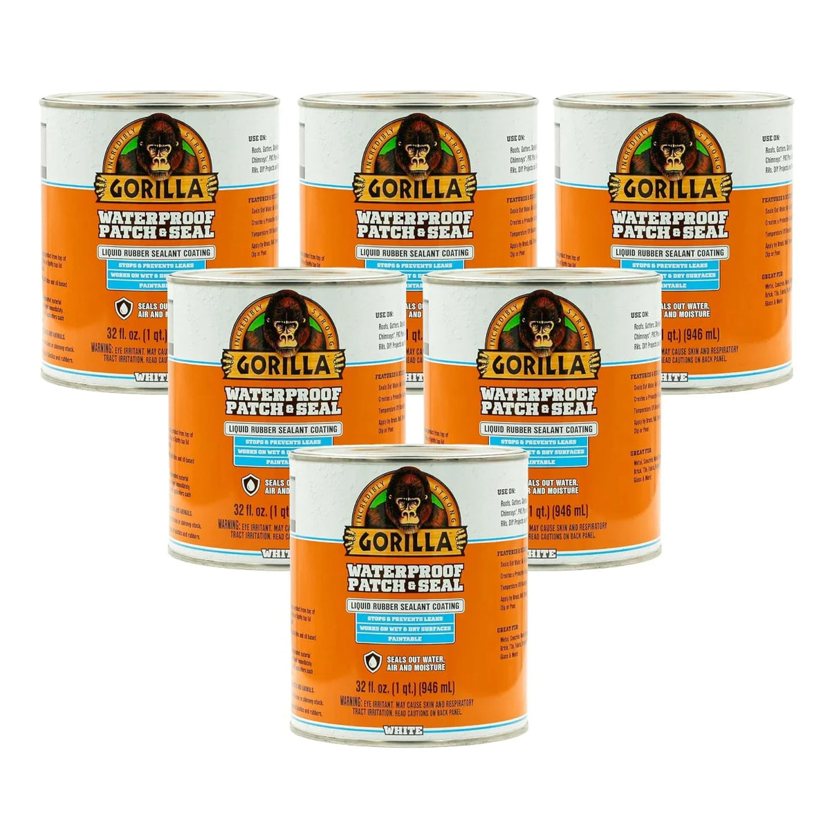 Gorilla Patch & Seal Liquid Rubber Waterproof Sealant, White, 32 Ounce (Pack of 6) - Seals Out Water, Air, and Moisture