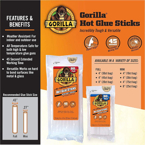 Gorilla Hot Glue Sticks, Clear Glue, Mini Size 4" Long x 0.27" Diameter, 30 Count (Pack of 12) - Safe for All Temperatures with Extended Working Time