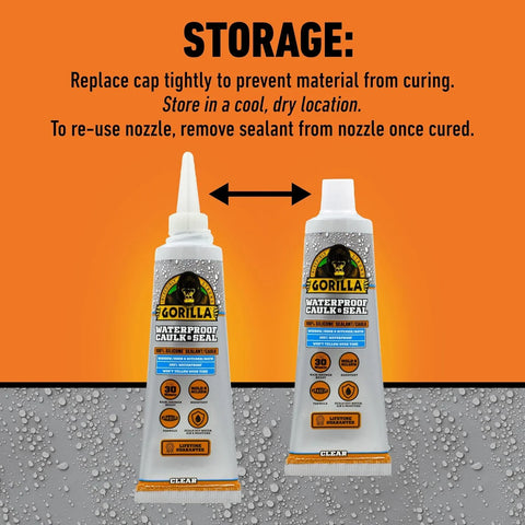Gorilla 100% Silicone Caulk, Waterproof Sealant, 2.8oz Squeeze Tube (Pack of 2) – Clear -10 Year Mold Resistant Kitchen, Window, Bath, Marine, Door and More
