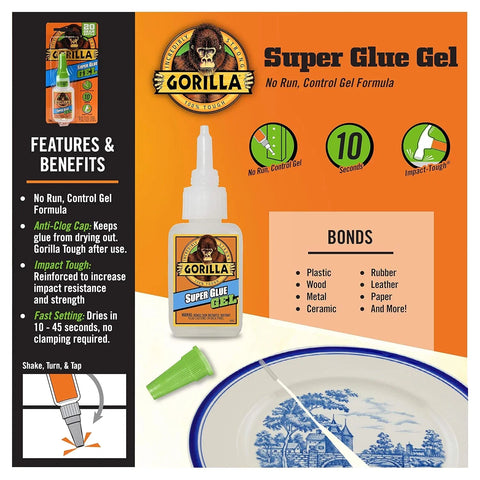 Gorilla Super Glue Gel, Clear Glue, 20 Gram (Pack of 2) - All Purpose and Fast Setting for Projects and Repairs