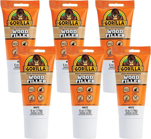 Gorilla All Purpose Wood Filler, White Wood Filler, 6 Ounce Tube (Pack of 6) - Water Resistant for Indoor or Outdoor Projects and Repairs