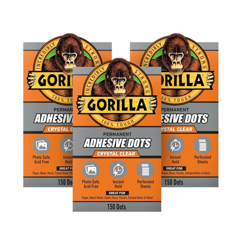 Gorilla Permanent Adhesive Dots, Double-Sided, Clear, 0.5" Diameter, 150 Pieces (Pack of 3) - No Mess, Photo Safe
