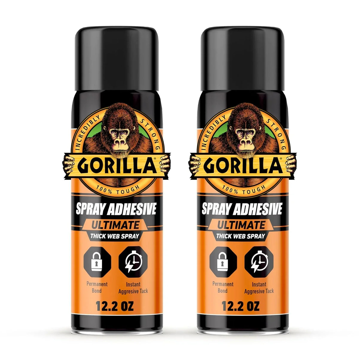 Gorilla Ultimate Spray Adhesive, Multi-Purpose Web Spray Contact Glue, Instant Aggressive Tack, Adjustable Nozzle, White, 12.2 oz (Pack of 2), Bonds Wood, Metal, Plastic, Leather & Fabric