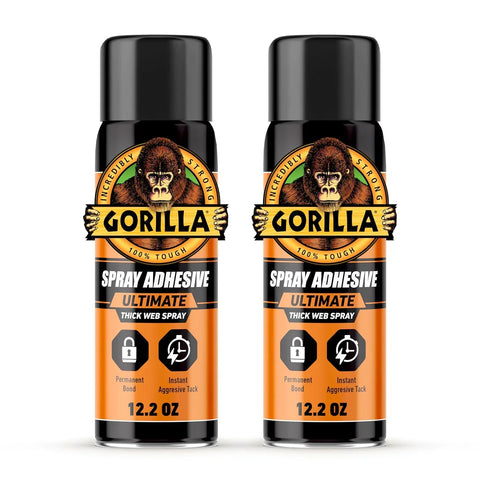 Gorilla Ultimate Spray Adhesive, Multi-Purpose Web Spray Contact Glue, Instant Aggressive Tack, Adjustable Nozzle, White, 12.2 oz (Pack of 2), Bonds Wood, Metal, Plastic, Leather & Fabric