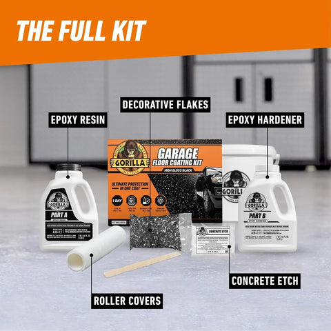 Gorilla Epoxy Garage Floor Coating (7 pc) Kit, 1-Car, Concrete Flooring, 100% Solids, Superior Adhesion, Incredibly Durable High Gloss Black Finish, 275 sq. ft. Coverage