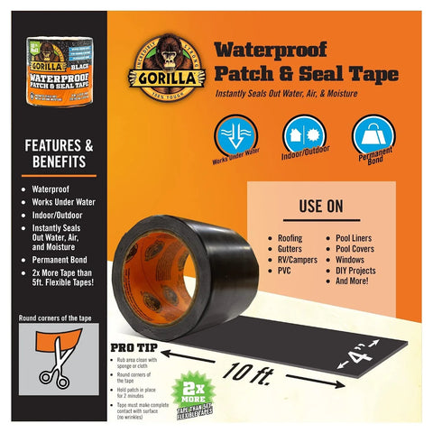 Gorilla Waterproof Patch & Seal Tape,Black Tape,4" x 10' - Permanent Weather Resistant Seal for Leaks and Repairs,(Pack of 16)