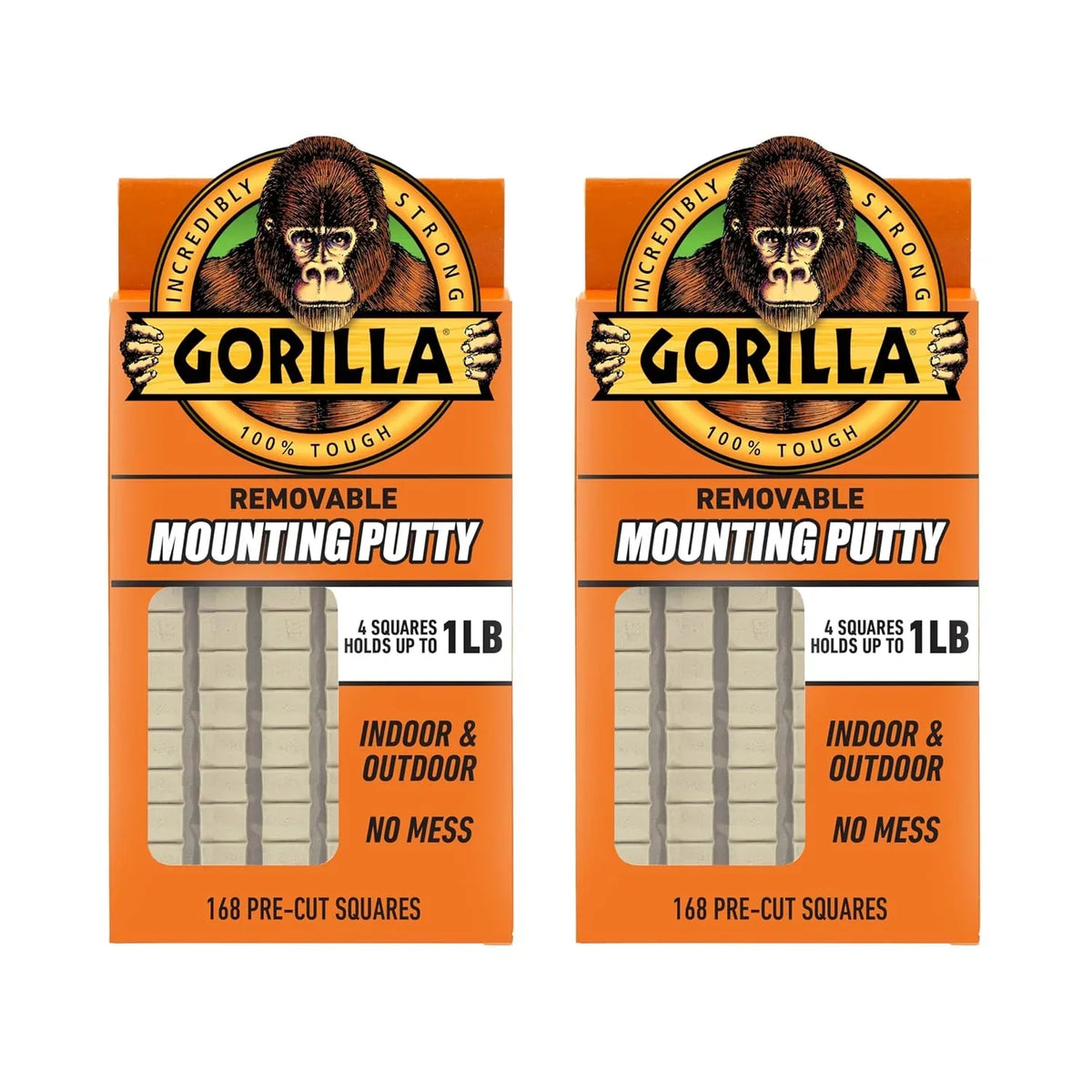 Gorilla Removable Mounting Putty Reusable & Repositionable Adhesive 168 Count Pre-Cut Squares (Pack of 2) Holds 2 lbs. Back to School Supplies for Teachers Students Parents, Indoor Outdoor