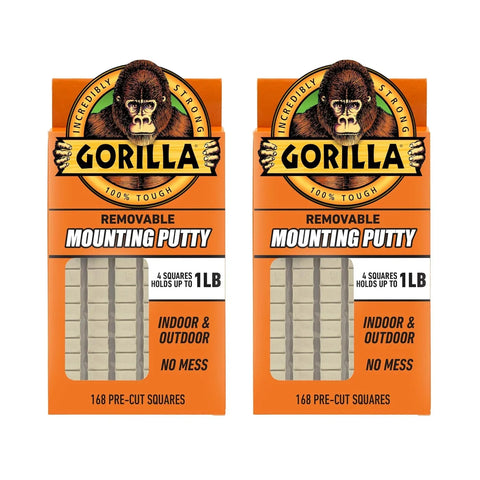 Gorilla Removable Mounting Putty Reusable & Repositionable Adhesive 168 Count Pre-Cut Squares (Pack of 2) Holds 2 lbs. Back to School Supplies for Teachers Students Parents, Indoor Outdoor