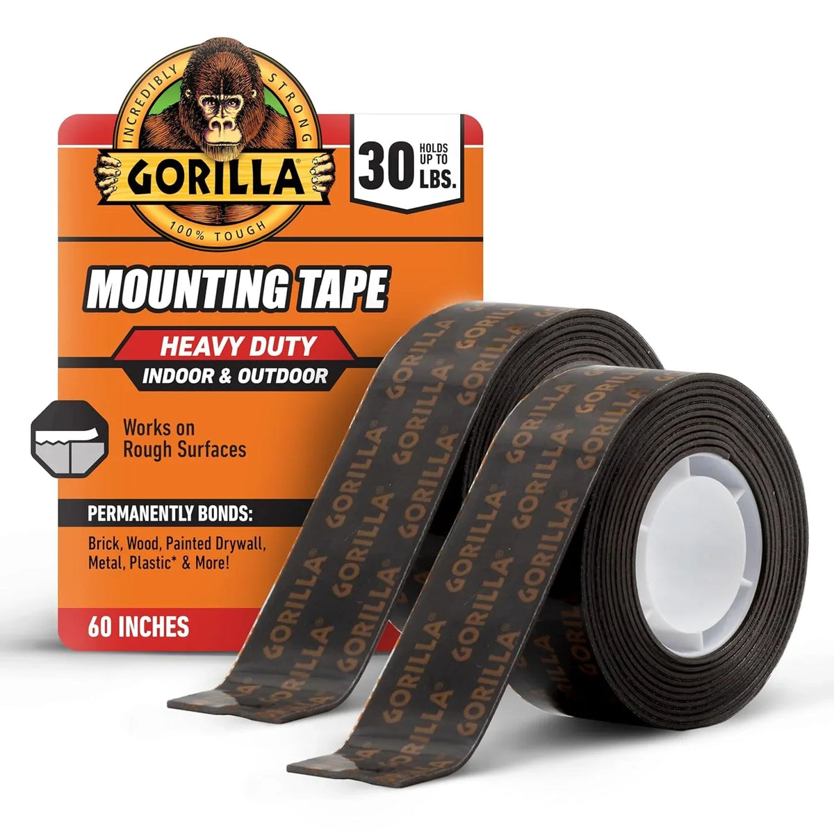 Gorilla Heavy Duty Double Sided Mounting Tape, 1" x 60" (Pack of 2) Holds up to 30lbs, Industrial Strength Adhesive for Homework Stations, Classroom Setup & Student Projects, Indoor & Outdoor
