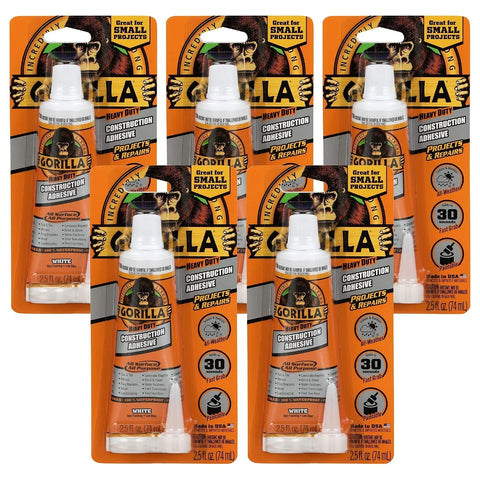 Gorilla Heavy Duty Construction Adhesive, White Glue, 2.5 Ounce Squeeze Tube (Pack of 5) - Gap Filling and Waterproof