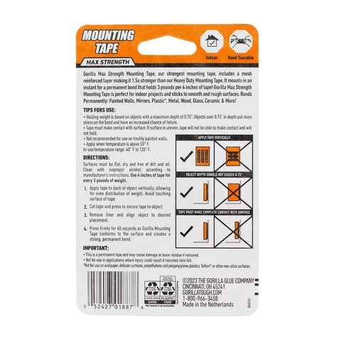 Gorilla Max Strength Mounting Tape, 1" x 60" (Pack of 1), Reinforced Mesh Backing, Holds up to 45 lbs, Double-Sided Tape with Instant Hold, Permanent Indoor Bond for Classroom and Study Space Setup