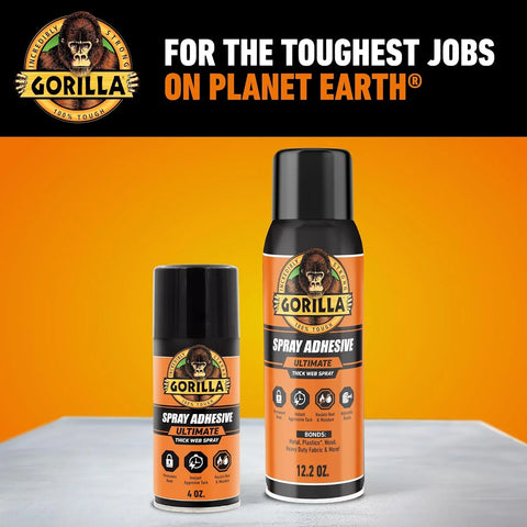 Gorilla Ultimate Spray Adhesive, Multi-Purpose Web Spray Contact Glue, Instant Aggressive Tack, Adjustable Nozzle, White, 12.2 oz (Pack of 1), Bonds Wood, Metal, Plastic, Leather & Fabric
