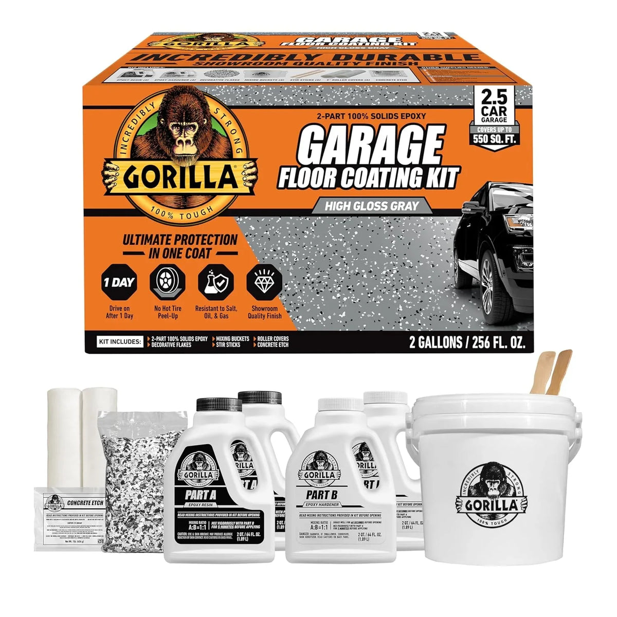 Gorilla Epoxy Garage Floor Coating (12 pc) Kit, 2.5-Car, Concrete Flooring, 100% Solids, Superior Adhesion, Incredibly Durable High Gloss Gray Finish, 550 sq. ft. Coverage