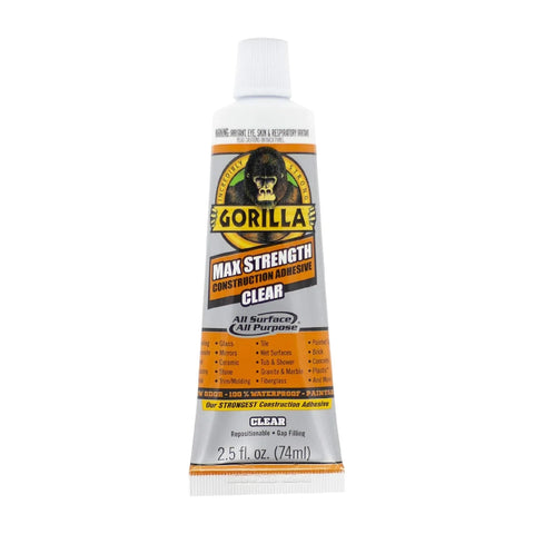 Gorilla Max Strength Construction Adhesive, Clear Glue, 2.5 Ounce Squeeze Tube (Pack of 2) - Gap Filling and Waterproof