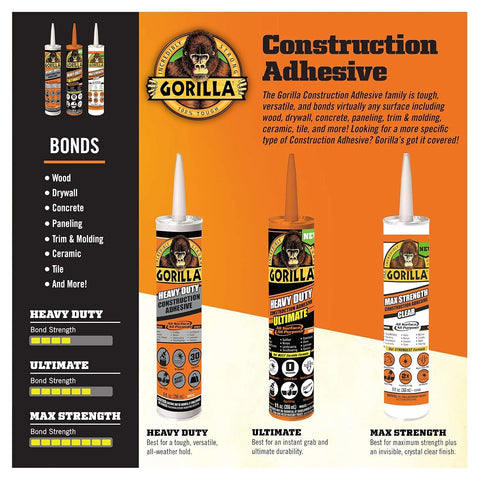 Gorilla Heavy Duty Ultimate Construction Adhesive, 9 Ounce Cartridge, White, (Pack of 2)