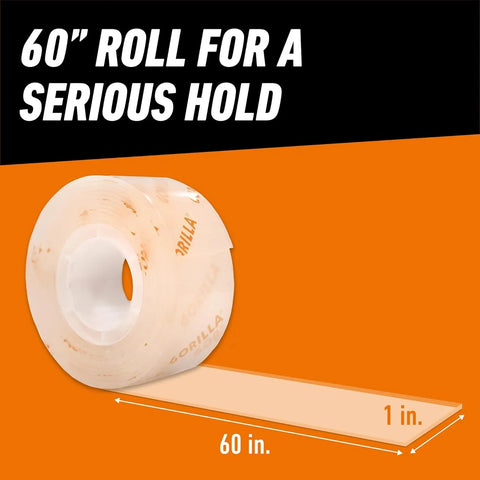 Gorilla Invisible Hold Mounting Tape, 1" x 60" (Pack of 1), Holds up to 15 lbs, Clear Double-Sided Tape for Strong, Permanent Bond, Discreet Adhesive for Classroom and Study Space Setup