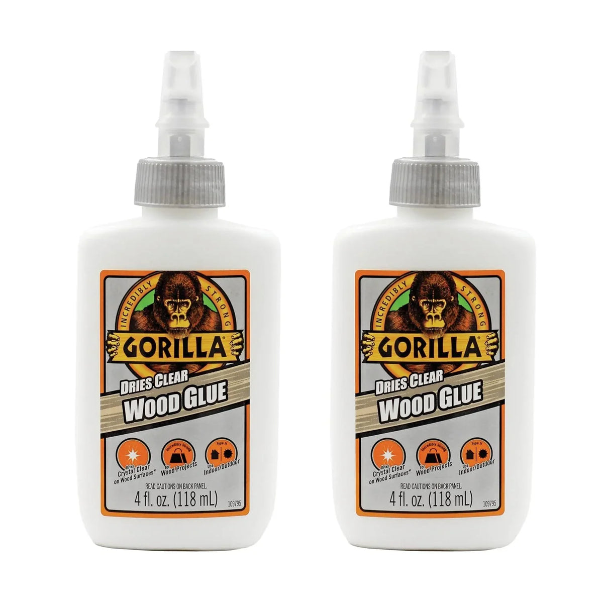 Gorilla Dries Clear Wood Glue, 4 Ounce Bottle (Pack of 2) - Water Resistant for Indoor or Outdoor Projects and Repairs