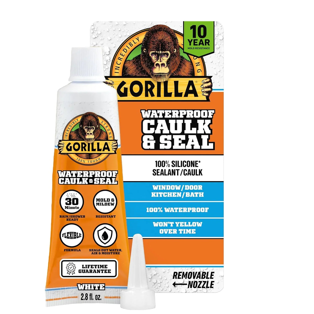 Gorilla 100% Silicone Caulk, Waterproof Sealant, 2.8oz Squeeze Tube (Pack of 1) – White -10 Year Mold Resistant Kitchen, Window, Bath, Marine, Door and More