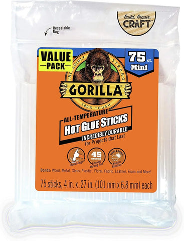 Gorilla Hot Glue Sticks, Clear Glue, Mini Size 4" Long x 0.27" Diameter, 75 Count (Pack of 6) - Safe for All Temperatures with Extended Working Time