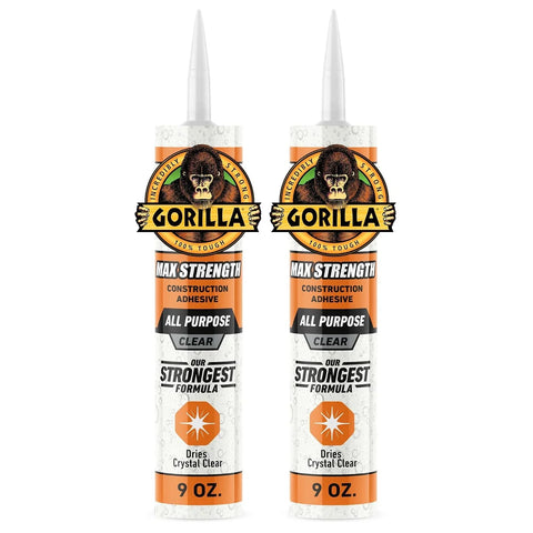 Gorilla Max Strength Construction Adhesive, Clear Glue, 9 Ounce Cartridge (Pack of 2) - Gap Filling and Waterproof