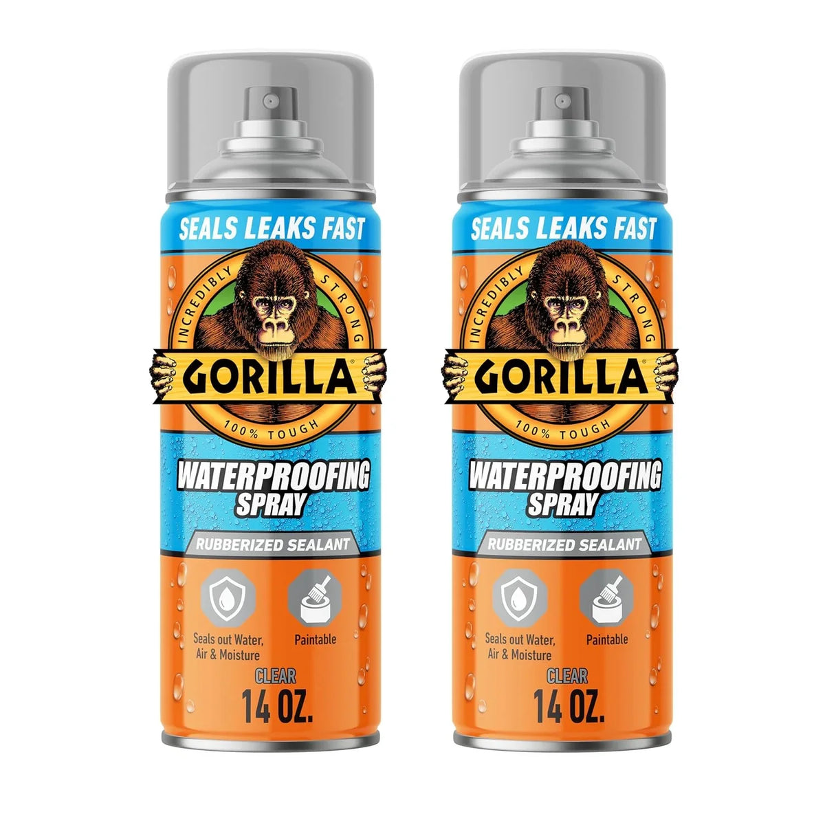 Gorilla Waterproofing Spray Clear, Flexible Rubberized Sealant Coating, Paintable UV Resistant, Seals Water Air Moisture, 14 oz (Pack of 2), for Roofs Gutters Skylights RVs Windows & More