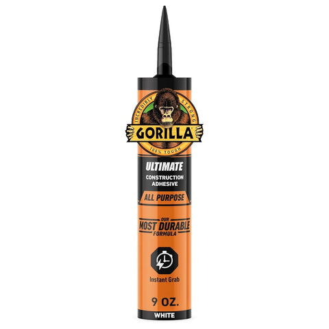 Gorilla Heavy Duty Construction Adhesive Ultimate, 9 oz Cartridge, White – 100% Waterproof, Instant Grab, Paintable, Indoor/Outdoor