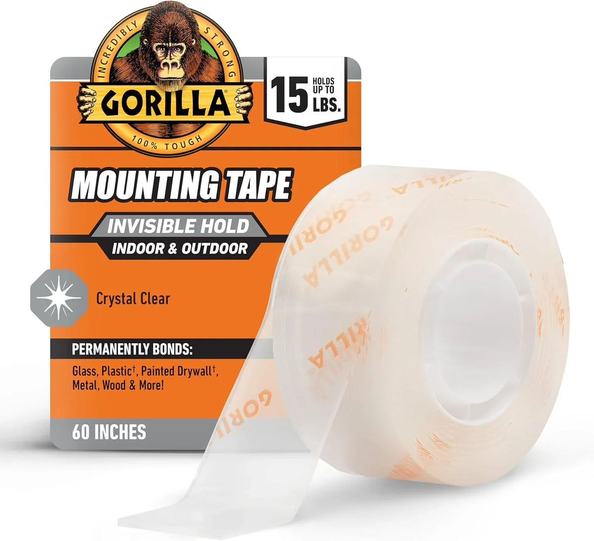 Gorilla Invisible Hold Mounting Tape, 1" x 60" (Pack of 1), Holds up to 15 lbs, Clear Double-Sided Tape for Strong, Permanent Bond, Discreet Adhesive for Classroom and Study Space Setup