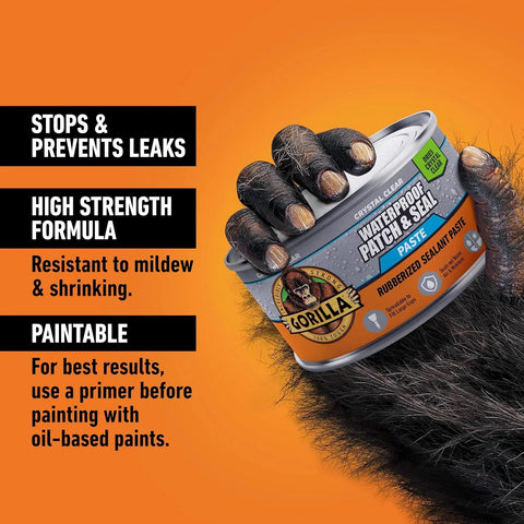 Gorilla Waterproof Patch & Seal Rubberized Sealant Paste, 12.8 Ounce Can, Clear (Pack of 1) - Stops Leaks, Flexible Gap & Crack Filler, Shrink & Mildew Resistant, Paintable