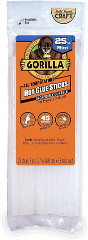 Gorilla Hot Glue Sticks, Clear Glue, Mini Size 8" Long x 0.27" Diameter, 25 Count (Pack of 1) - Safe for All Temperatures with Extended Working Time