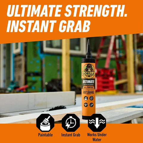 Gorilla Construction Adhesive Ultimate, 9 ounce Cartridge, White (Pack of 12)