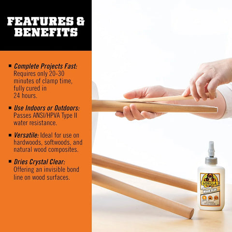Gorilla Dries Clear Wood Glue, 4 Ounce Bottle (Pack of 2) - Water Resistant for Indoor or Outdoor Projects and Repairs