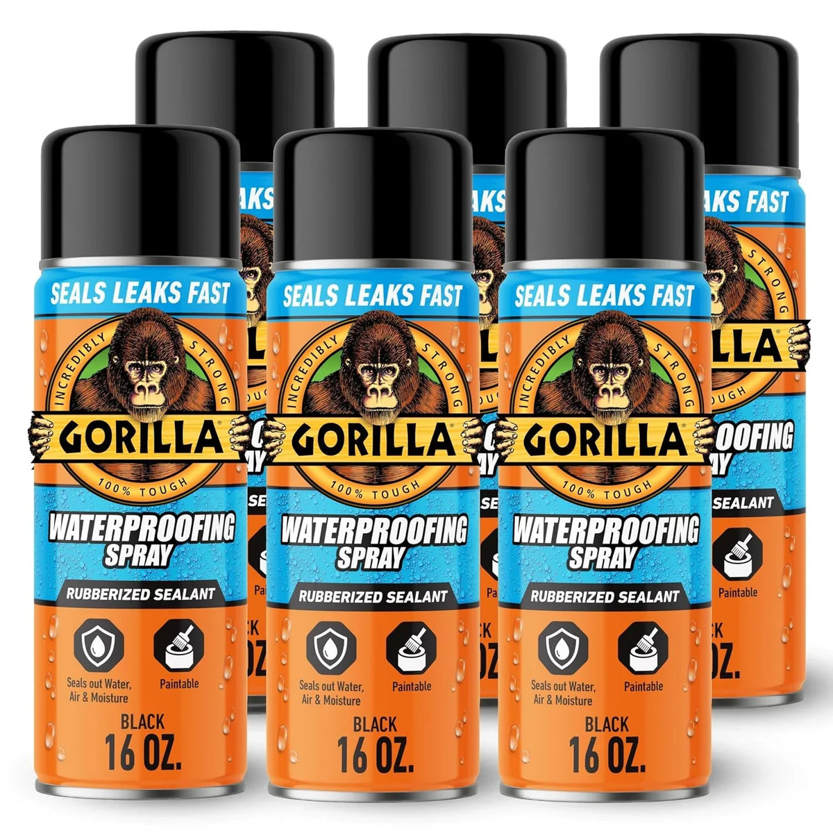 Gorilla Waterproofing Spray Black, Flexible Rubberized Sealant Coating, Paintable UV Resistant, Seals Water Air Moisture, 16 oz (Pack of 6), for Roofs Gutters Skylights RVs Windows & More