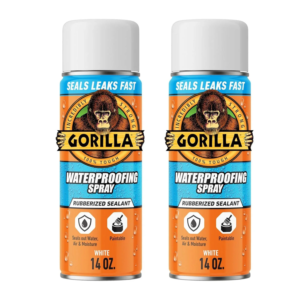 Gorilla Waterproofing Spray White, Flexible Rubberized Sealant Coating, Paintable UV Resistant, Seals Water Air Moisture, 16 oz (Pack of 2), for Roofs Gutters Skylights RVs Windows & More