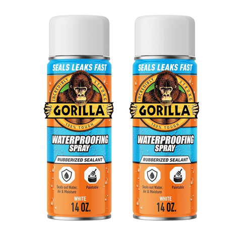 Gorilla Waterproofing Spray White, Flexible Rubberized Sealant Coating, Paintable UV Resistant, Seals Water Air Moisture, 16 oz (Pack of 2), for Roofs Gutters Skylights RVs Windows & More