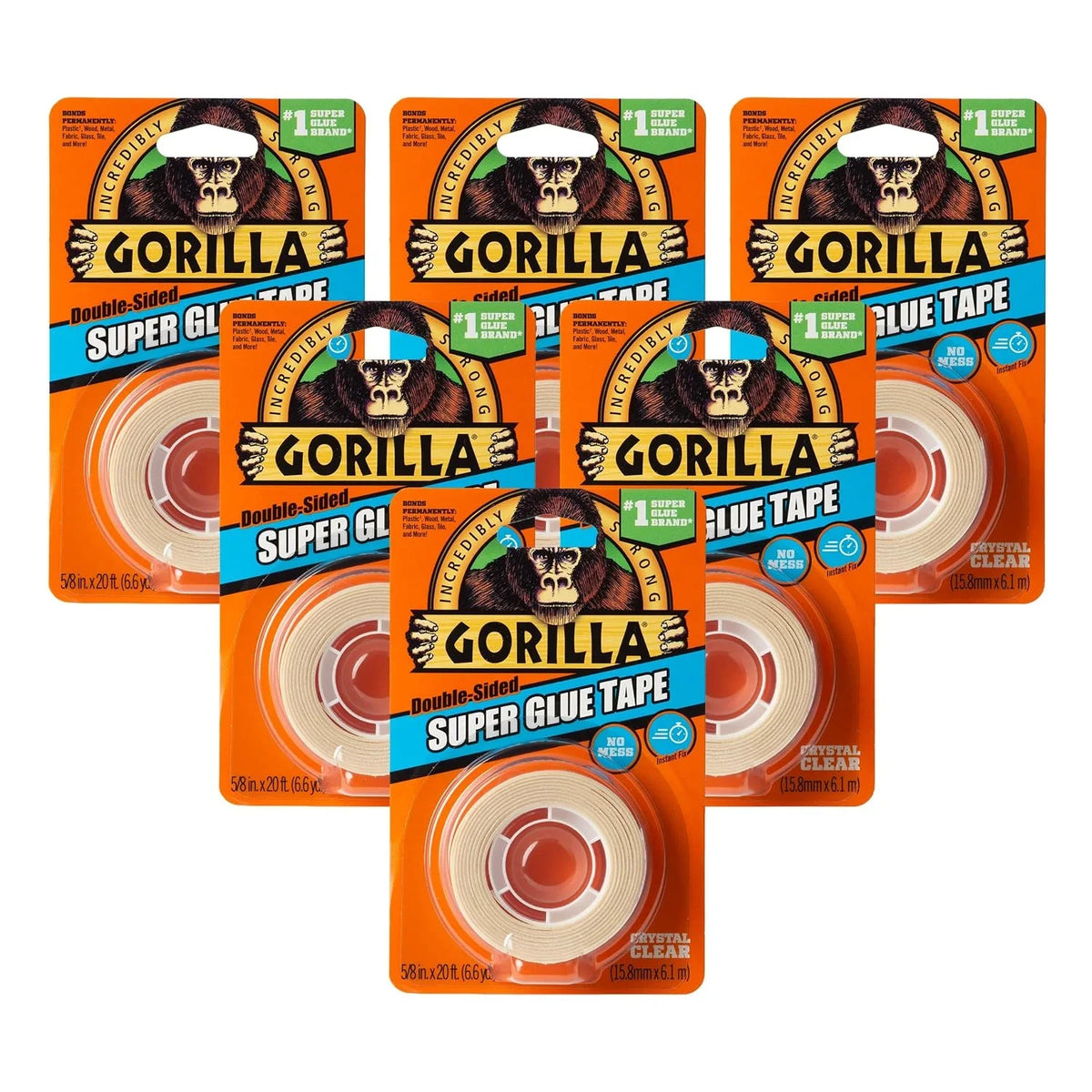 Gorilla Super Glue Tape, Multi-Purpose, Permanent, Double Sided, High Tack, 5/8in x 20ft, Clear (Pack of 6)